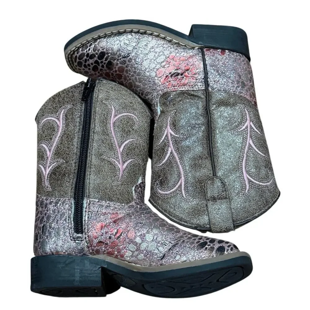Old West Girls Pink Western Cowboy Boots Square Toe Side Zip Size 8C VB1054